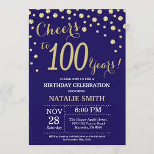 Invitación Azul marino y oro Diamante de 100 cumpleaños
