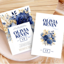 Invitación Azul marino y oro elegante boda floral acuarela