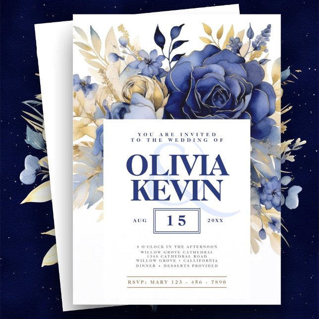 Invitación Azul marino y oro elegante boda floral acuarela (Subido por el creador)