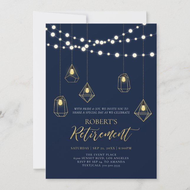 Invitación Azul marino y oro | Fiesta de retiro de las luces  (Anverso)