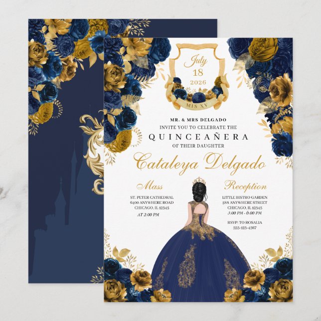 Invitación Azul marino y oro Floral elegante Quinceañera (Anverso / Reverso)