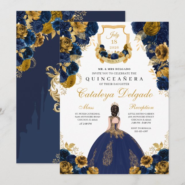 Invitación Azul marino y oro Floral elegante Quinceañera (Anverso / Reverso)