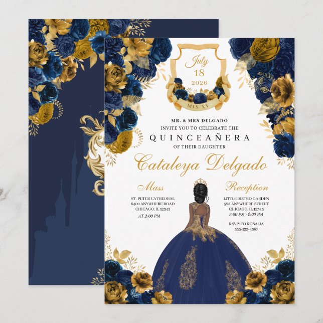 Invitación Azul marino y oro Floral elegante Quinceañera (Anverso / Reverso)
