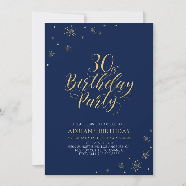 Invitación Azul marino y oro | Moda moderna 30 Fiesta de cump (Anverso)