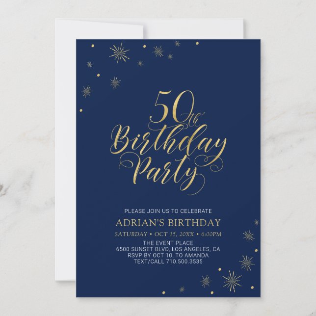 Invitación Azul marino y oro | Moda moderna 50ª fiesta de cum (Anverso)