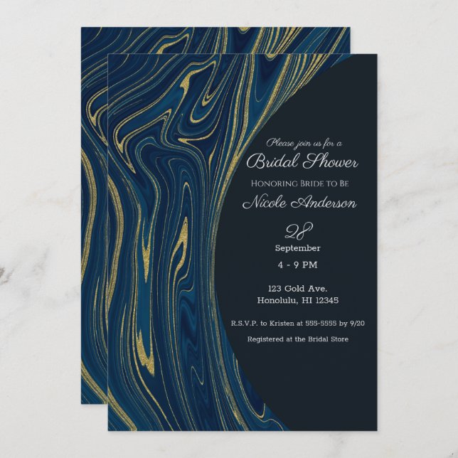 Invitación Azul marino y oro Moderno Glam Marble Bridal Ducha (Anverso / Reverso)