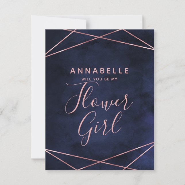 Invitación Azul marino y oro Rosa serás mi chica flor (Anverso)