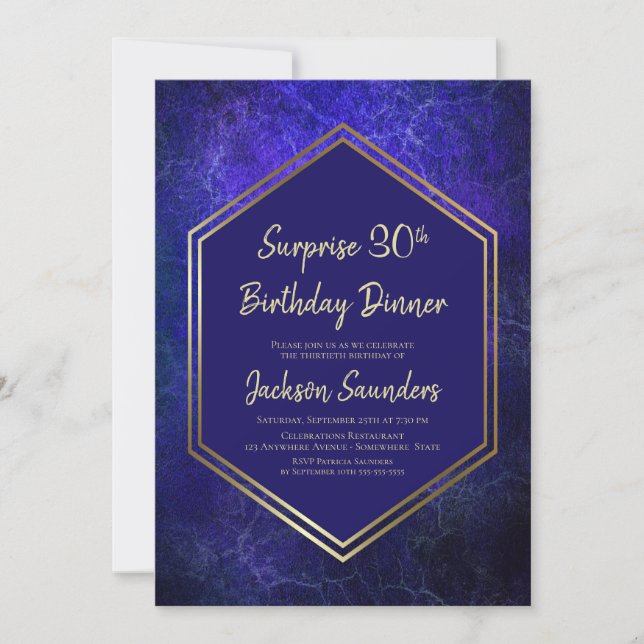 Invitación Azul marino y oro sorprenden cena de cumpleaños nú (Anverso)