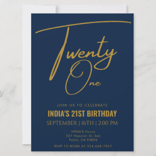 Invitación Azul marino y oro Veintiún cumpleaños número 21