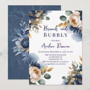 Invitación Azul Marino y Peonía Dorada Brunch y Burbujas