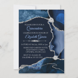 Invitación Azul Marino y Plata Brillo Ágata Quinceañera