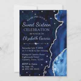 Invitación Azul marino y plata Glitter Agata mármol Dulces 16