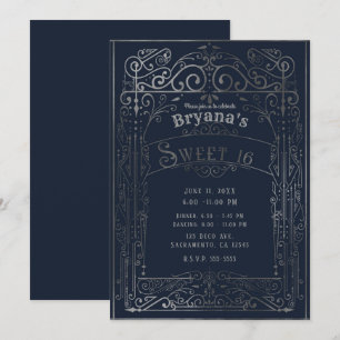 Invitación Azul Marino y Plateado Estilo Victoriano Vintage D