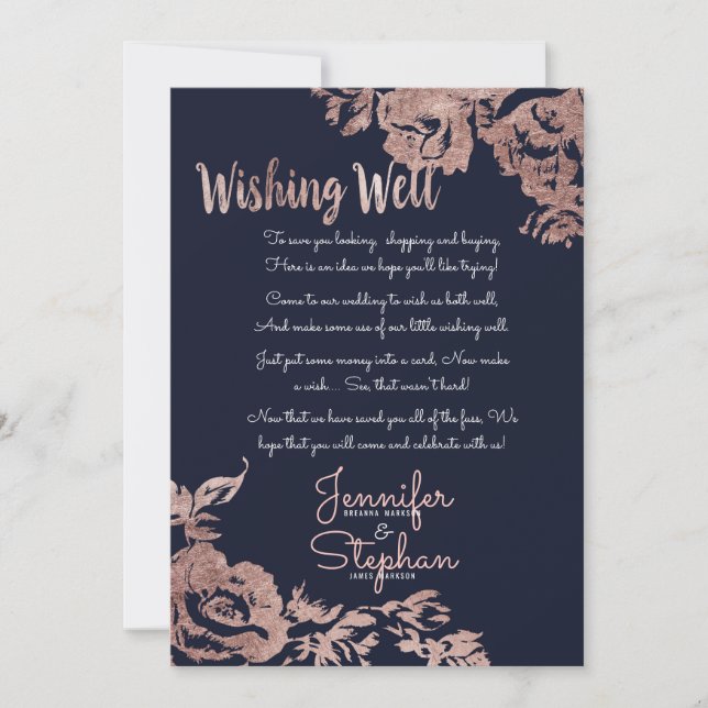 Invitación Azul marino y Rosa Dorado Deseando bien (Anverso)
