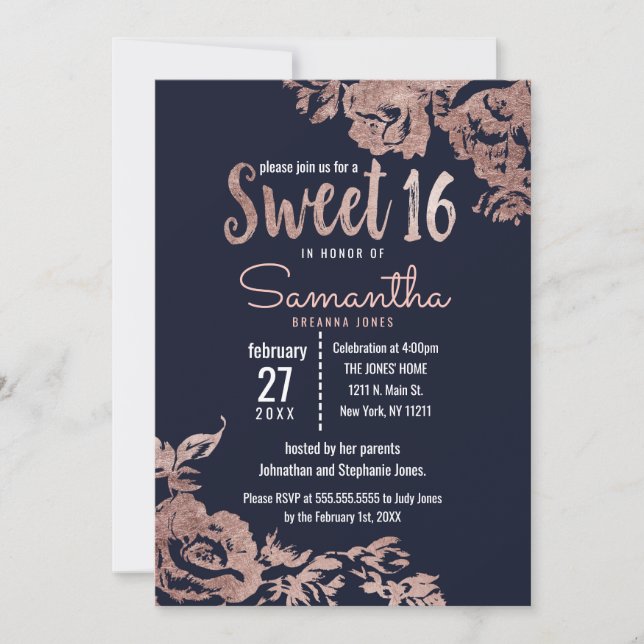 Invitación Azul marino y Rosa Dorado Dulce Floral 16 (Anverso)