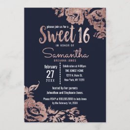 Invitación Azul marino y Rosa Dorado Dulce Floral 16