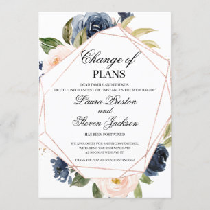 Invitación Azul Marino y Rosa Floral Cambio de Planes