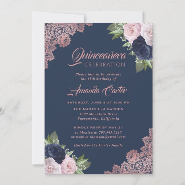 Invitación Azul marino y Rosa Oro Quinceañera 15 cumpleaños (Anverso)