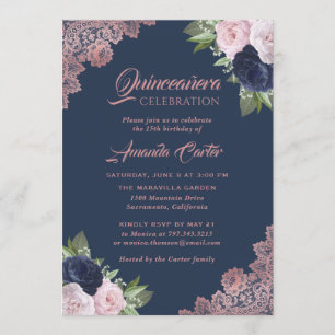Invitación Azul marino y Rosa Oro Quinceañera 15 cumpleaños