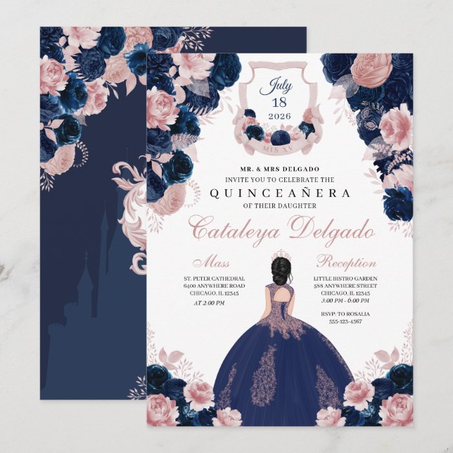 Invitación Azul marino y Rubor Floral rosa elegante Quinceañe (Anverso / Reverso)