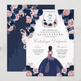 Invitación Azul marino y Rubor Floral rosa elegante Quinceañe