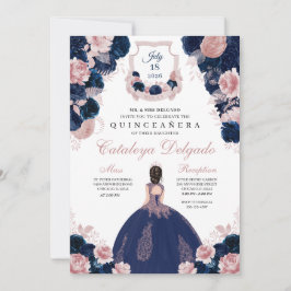 Invitación Azul marino y Rubor Floral rosa elegante Quinceañe
