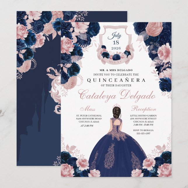 Invitación Azul marino y Rubor Floral rosa elegante Quinceañe (Anverso / Reverso)