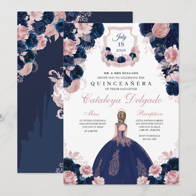 Invitación Azul marino y Rubor Floral rosa elegante Quinceañe (Anverso / Reverso)