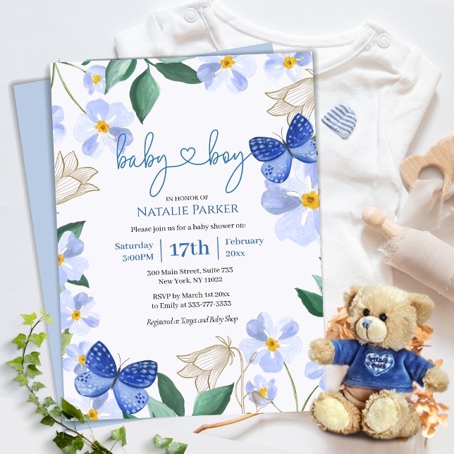 Invitación Azul mariposa Floral acuarela | Boy Baby Shower (Subido por el creador)