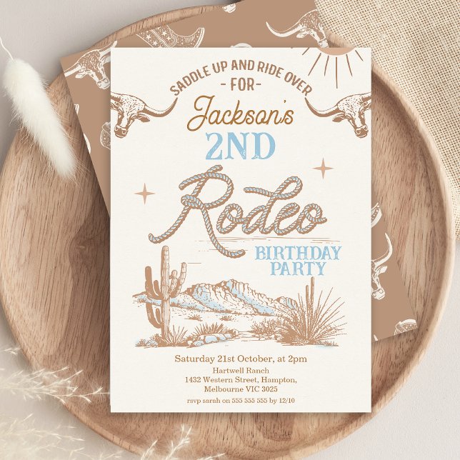 Invitación Azul marrón Cualquier Edad Rodeo Occidental Cumple (Boys Rodeo Birthday Invitation, Any Age Western themed, Wild West, Cowboy, Southern Country Rope)