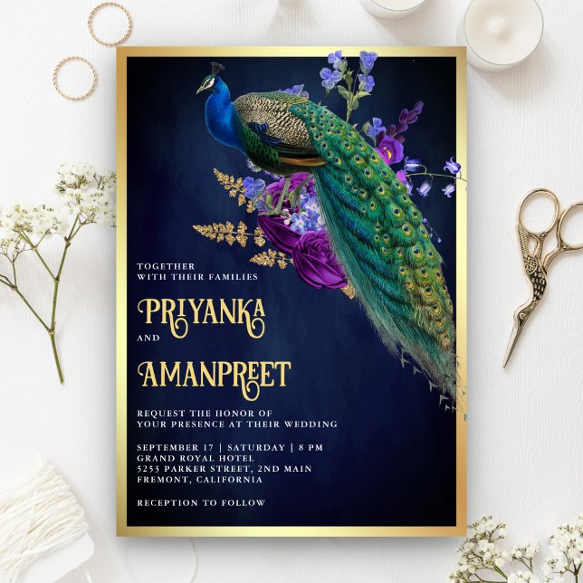 Invitación Azul Medianoche Floral Púrpura Boda India Pavo Rea (Subido por el creador)