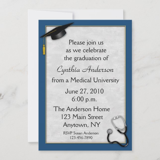 Invitación azul médica de la graduación (Anverso)