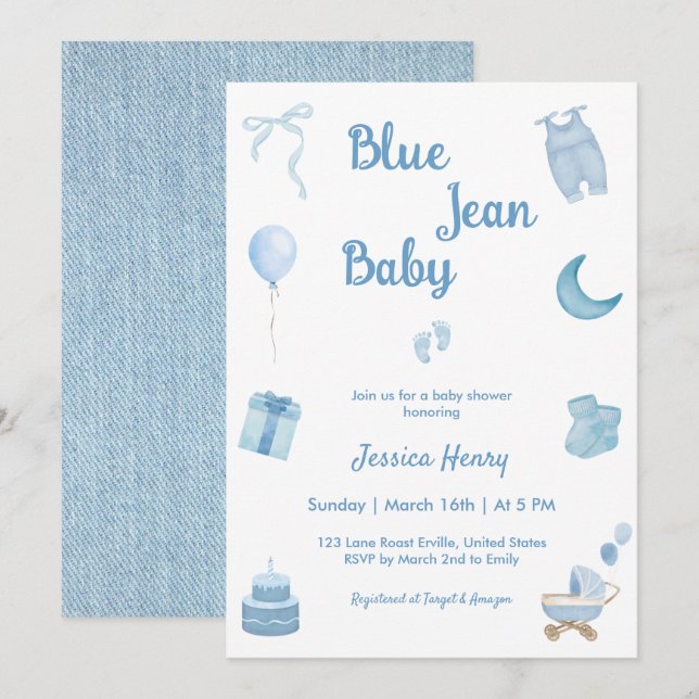 Invitación Azul minimalista Jean Baby Denim Baby Shower (Anverso / Reverso)