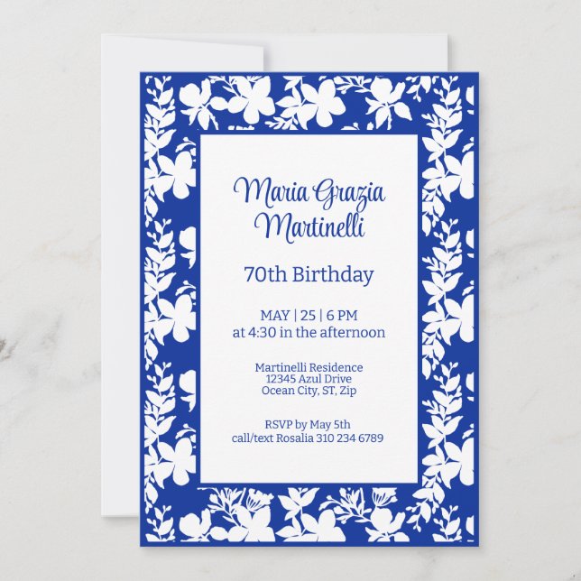 Invitación Azul Moda elegante | Cumpleaños del patrón floral  (Anverso)