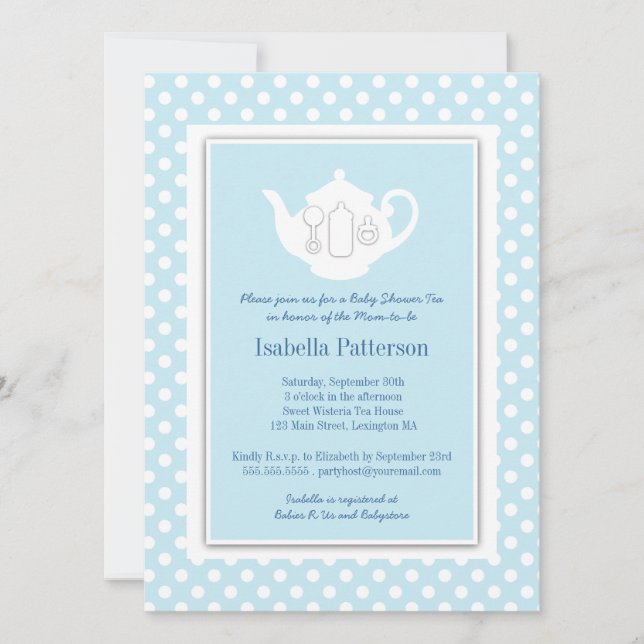 Invitación Azul Moda| Fiesta de té Baby Shower de Teapot Blan (Anverso)