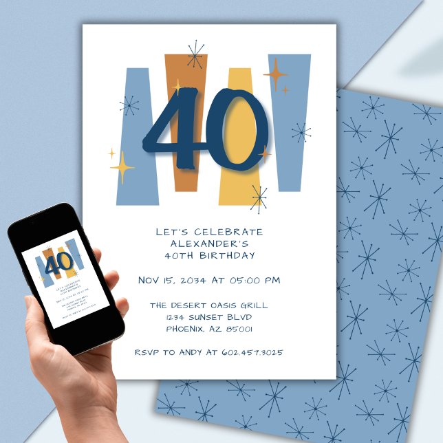 Invitación Azul moderno retro 40 cumpleaños medio siglo (Subido por el creador)