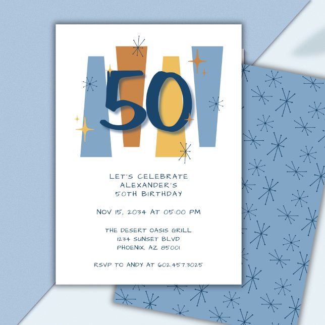 Invitación Azul moderno retro 50 cumpleaños medio siglo (Subido por el creador)