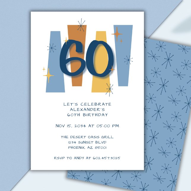 Invitación Azul moderno retro 60 cumpleaños medio siglo (Subido por el creador)