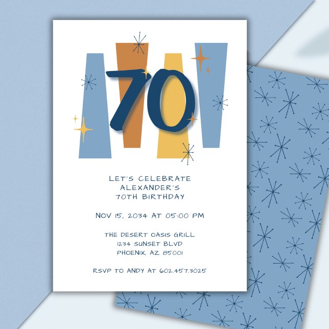 Invitación Azul moderno retro 70º cumpleaños mitad siglo (Subido por el creador)