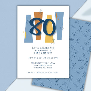 Invitación Azul moderno retro 80º cumpleaños mitad siglo