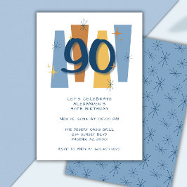 Invitación Azul moderno retro 90º cumpleaños mitad siglo