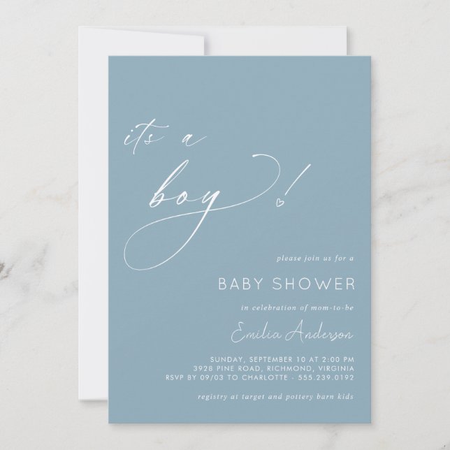 Invitación Azul | Moderno simple Es un niño Baby Shower (Anverso)
