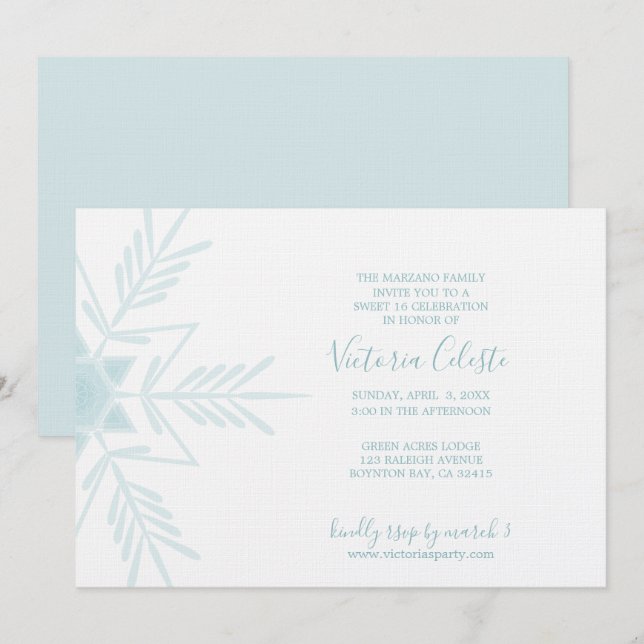 Invitación azul moderno WINTER WONDERLAND dulce 16 (Anverso / Reverso)