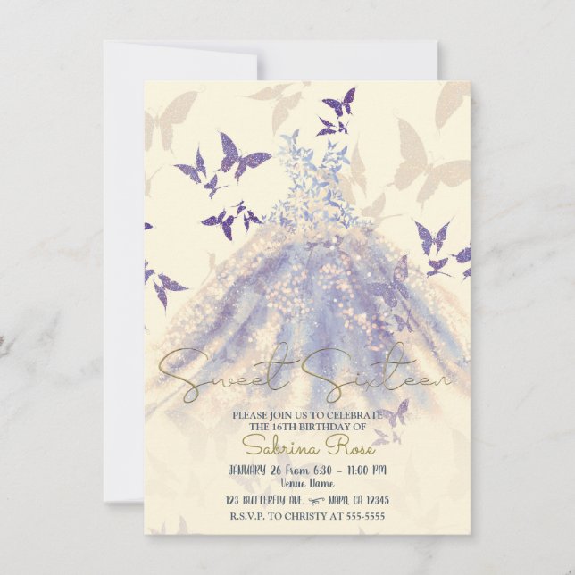 Invitación Azul morado marfil mariposa vestido de baile dulce (Anverso)
