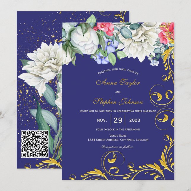 Invitación Azul morado rosa azul rosado dorado Swirls Botánic (Anverso / Reverso)