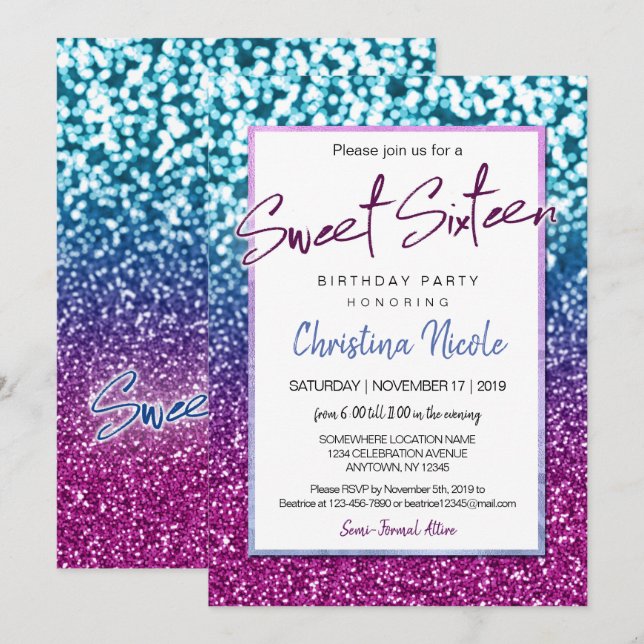 Invitación Azul morado y Bokeh Luces Glam Sweet 16 (Anverso / Reverso)