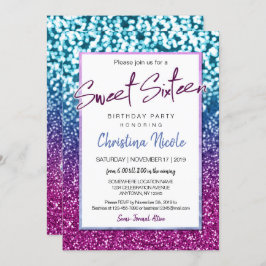 Invitación Azul morado y Bokeh Luces Glam Sweet 16