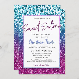 Invitación Azul morado y Bokeh Luces Glam Sweet 16