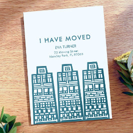 Invitación azul móvil con edificios retro