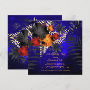 Invitación Azul Naranja Rojo Negro Hibisco Floral Cumpleaños